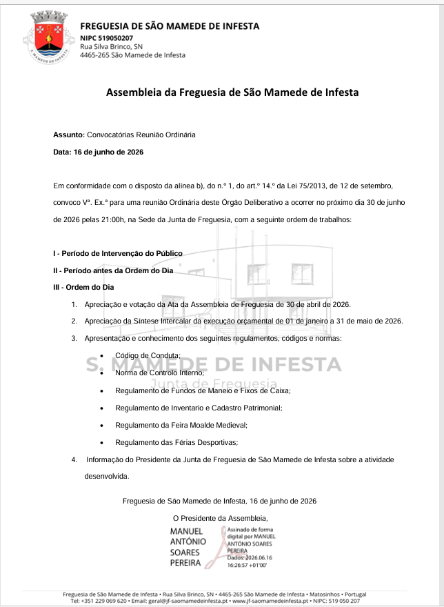 Assembleia de Freguesia de S&atilde;o Mamede de Infesta: Reuni&atilde;o Ordin&aacute;ria , 30 de Junho